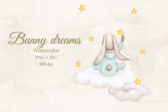 Cute Bunny on a Cloud: A Watercolor Design Asset for Gentle Branding